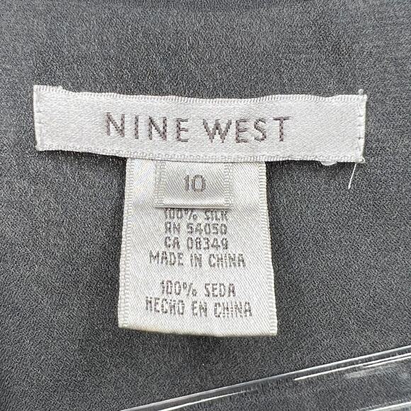 NINE WEST Floral Blouse 3/4 Sleeve V-Neck 100% Silk Chiffon Blue Black Size 10 - Picture 3 of 5